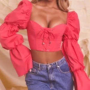 NEW Puff Sleeve Lace Up Crop Top in Hot Pink - Size US 4